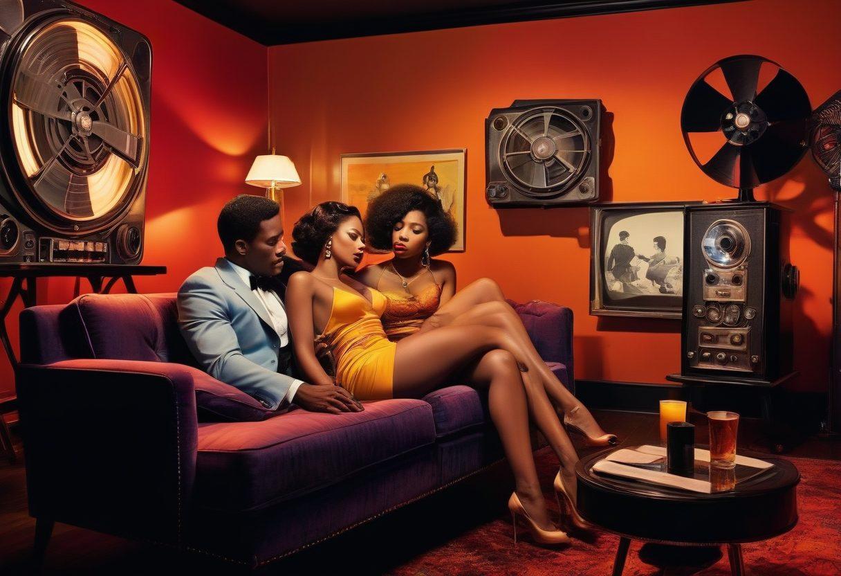 A captivating collage featuring elements of classic black cinema, including iconic film reels and vintage projectors, intertwined with modern erotic art forms. Bold colors and playful silhouettes of diverse couples engaging in flirtatious activities to embody the theme of 'naughty entertainment'. An atmospheric background showing a glamorous lounge setting with soft lighting to create an inviting mood. Highlight the richness of black culture in entertainment with artistic patterns. vibrant colors. retro art style.