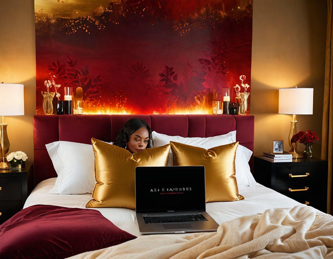 A sultry, inviting scene featuring a luxurious bedroom adorned with soft, ambient lighting and plush pillows. In the foreground, a stylish laptop opened to a vibrant streaming site showcasing enticing thumbnails of diverse adult performers. The background includes artful decor with a hint of seduction and intimacy, boosting a lively yet tasteful atmosphere. The color palette consists of deep reds and golds, enhancing the sensual vibe. super-realistic. vibrant colors.